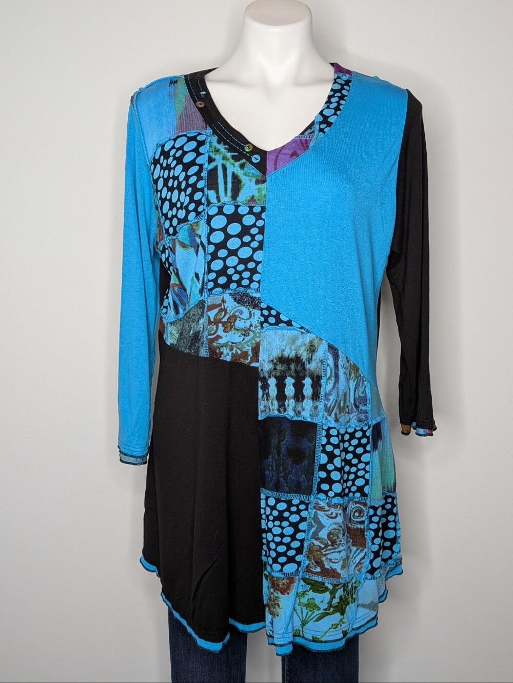 Parsley & Sage Blue Black Abstract Patchwork Long Sleeve V Neck Top L